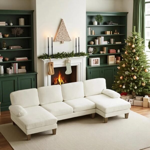 U-shaped Combination Sofa, Double Lounge Chair, Chenille Fabric 4-seat Living Room Furniture