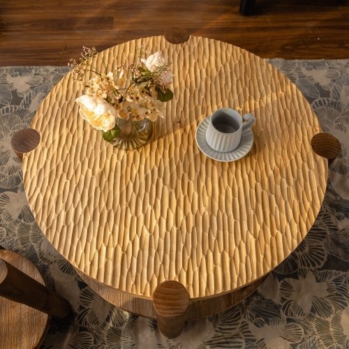 Round Coffee Table With Solid Wood For Living Room,