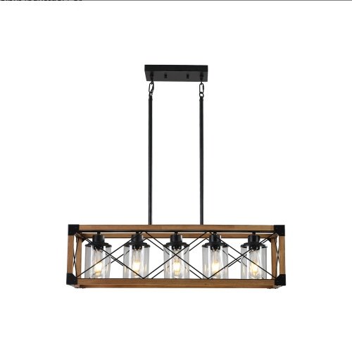 32 Inch Walnut Industrial Rectangle Pendant Light, No Bulbs