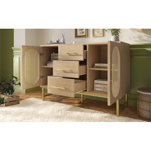 Rattan Sideboard Storage Cabinet With 2 Doors 3 Drawers