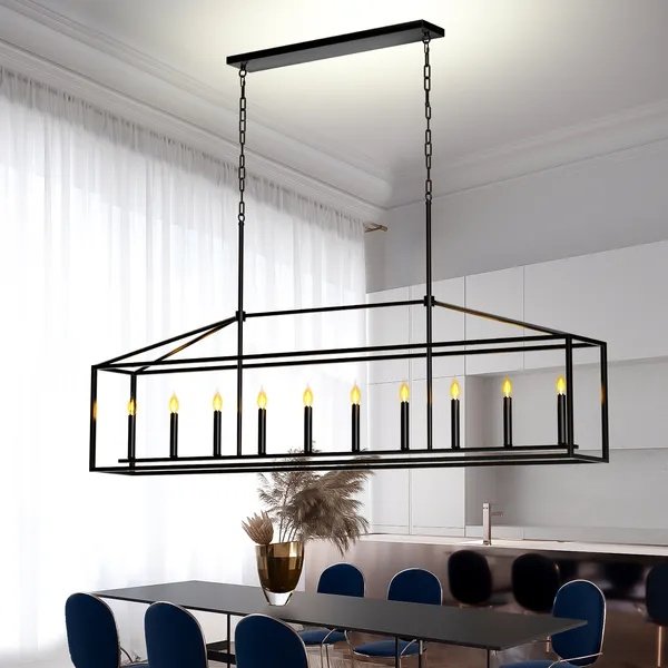 10 Lights Farmhouse Black Chandelier Rectangular Linear Pendant Lighting