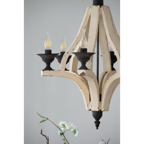 6 - Light Wood Chandelier With Adjustable Chain , Bulb Not Included