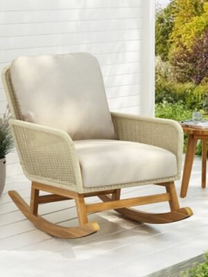 Contemporary Minimalist Ivory Wicker Rocking Chair With Soft Polyester Cushions And Durable Wooden Frame,