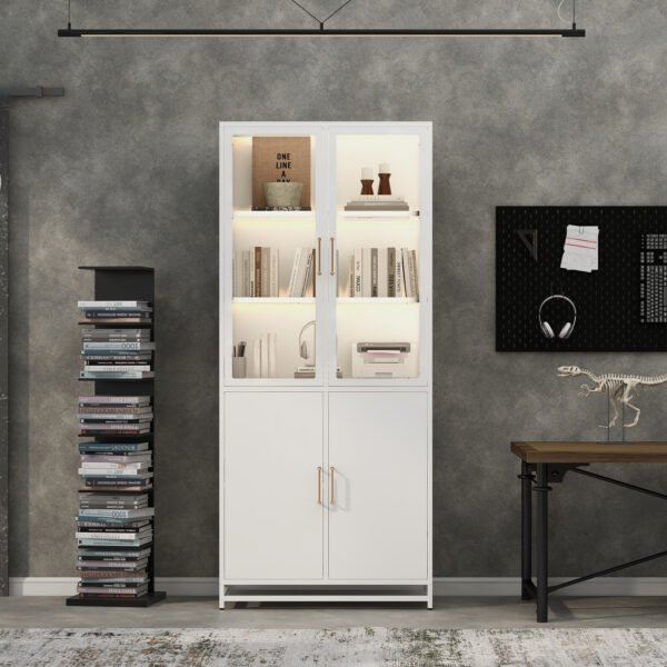 76.75  Tall Display Cabinet, With Glass Doors And LED Lights,