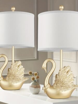 Two-piece Set Of Table Lamps Golden Brass Swan