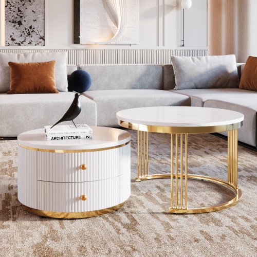 Modern 2-piece White Circular Nested Coffee Table