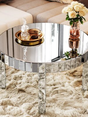 5865ecff-6605-49fe-975e-43bca2c68ca1.jpg Dazzling Sliver Round Coffee Table With Fluted Mirror Design