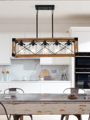 32 Inch Walnut Industrial Rectangle Pendant Light, No Bulbs