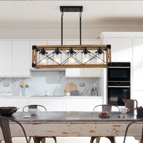 32 Inch Walnut Industrial Rectangle Pendant Light, No Bulbs