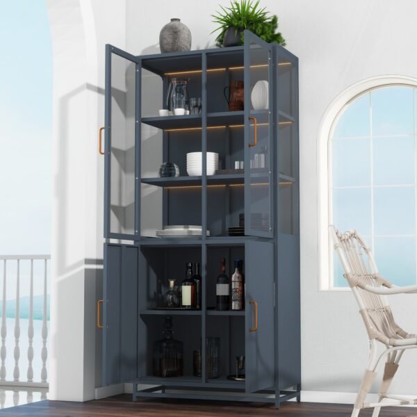 76.75  Tall Display Cabinet, With Glass Doors And LED Lights,