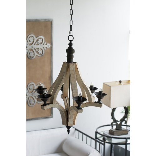6 - Light Wood Chandelier With Adjustable Chain , Bulb Not Included