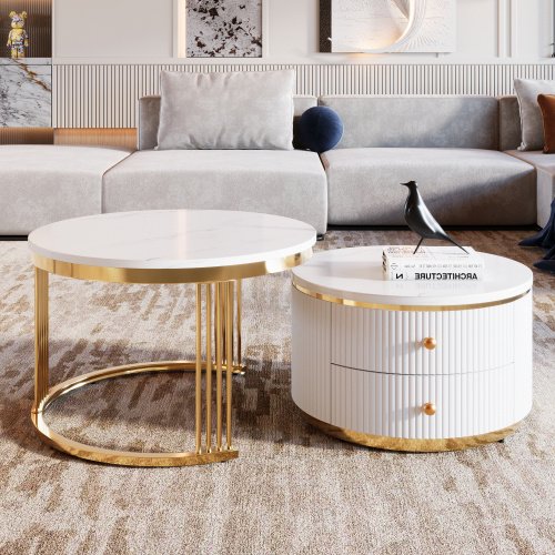 Modern 2-piece White Circular Nested Coffee Table