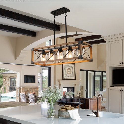 32 Inch Walnut Industrial Rectangle Pendant Light, No Bulbs