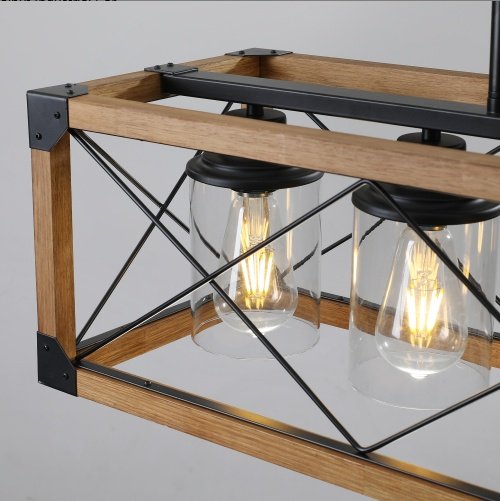 32 Inch Walnut Industrial Rectangle Pendant Light, No Bulbs