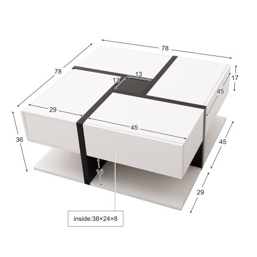 Coffee Table, Table With 4 Drawers, 78x78x36cm