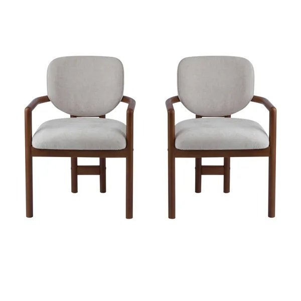 Dining Chairs Set Of 2 Upholstered Arm Chairs, Rubber Wood Accent Chairs Beige Fabric Seating, 300 LBS Weight Capacity