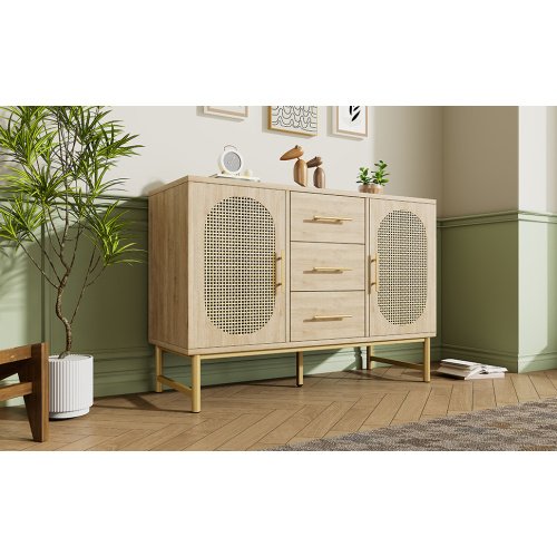 Rattan Sideboard Storage Cabinet With 2 Doors 3 Drawers