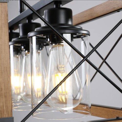 32 Inch Walnut Industrial Rectangle Pendant Light, No Bulbs