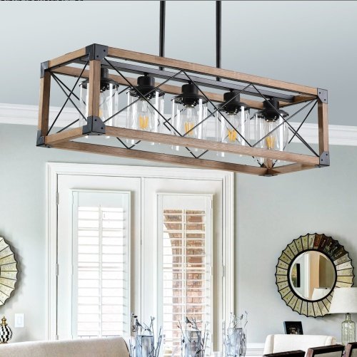 32 Inch Walnut Industrial Rectangle Pendant Light, No Bulbs
