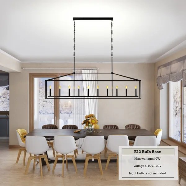 10 Lights Farmhouse Black Chandelier Rectangular Linear Pendant Lighting