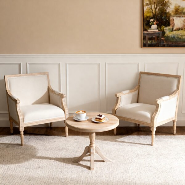 French Accent Chair Traditional Wood Frame Linen Upholstery Distressed Finish Home Decor, Single