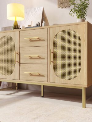 Rattan Sideboard Storage Cabinet With 2 Doors 3 Drawers