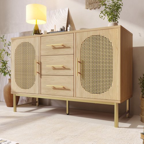 Rattan Sideboard Storage Cabinet With 2 Doors 3 Drawers