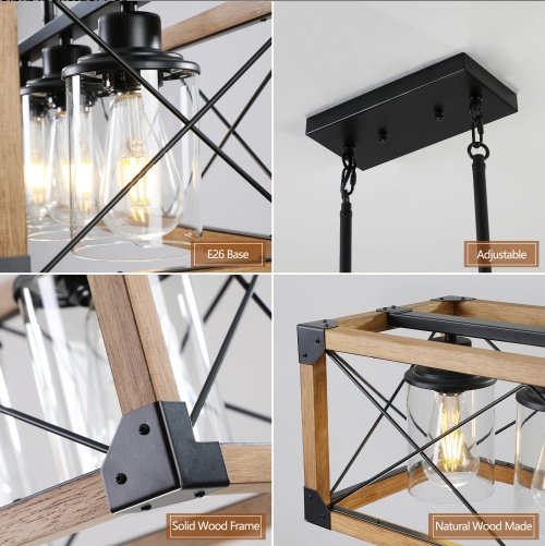 32 Inch Walnut Industrial Rectangle Pendant Light, No Bulbs