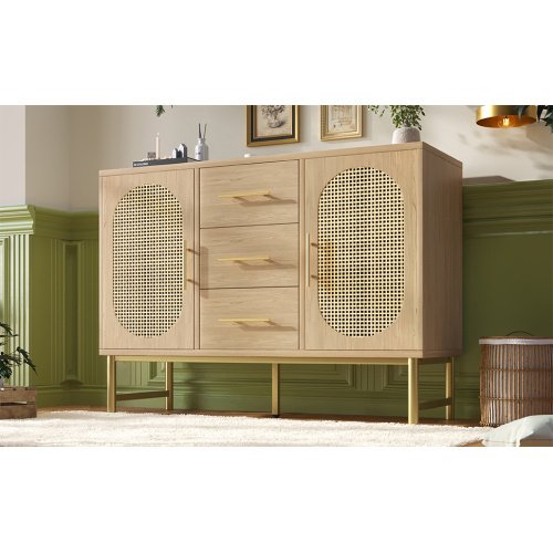 Rattan Sideboard Storage Cabinet With 2 Doors 3 Drawers