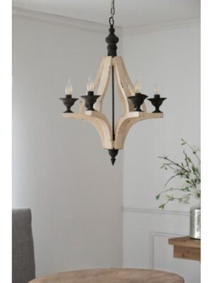 6 - Light Wood Chandelier With Adjustable Chain , Bulb Not Included