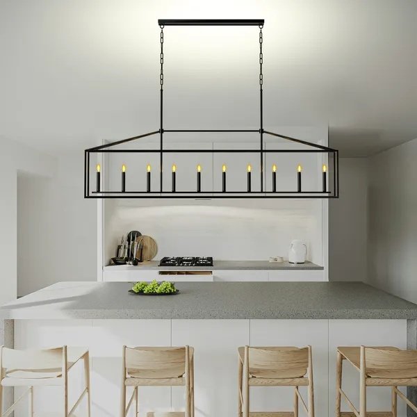 10 Lights Farmhouse Black Chandelier Rectangular Linear Pendant Lighting