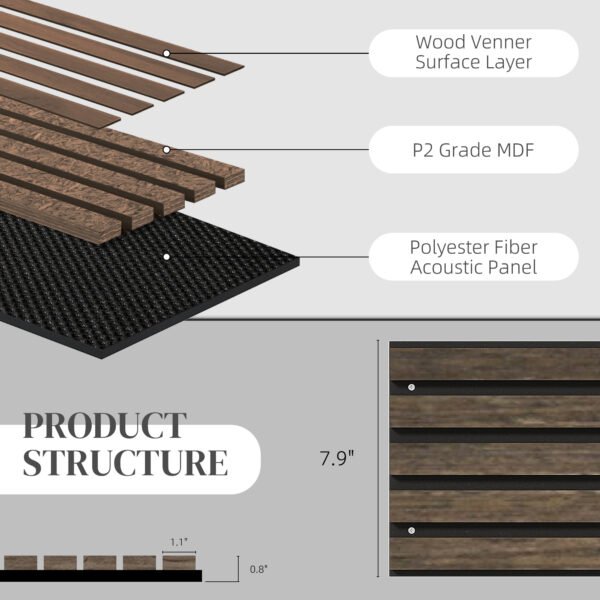 95" x 8" Wood Panels for Wall, 4 Pack Acoustic Panels, Sound Absorbing Slat Wall For Interior Wall Decor, Home, Walnut