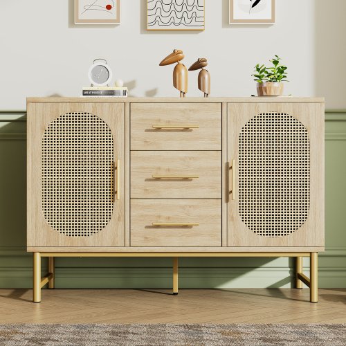 Rattan Sideboard Storage Cabinet With 2 Doors 3 Drawers