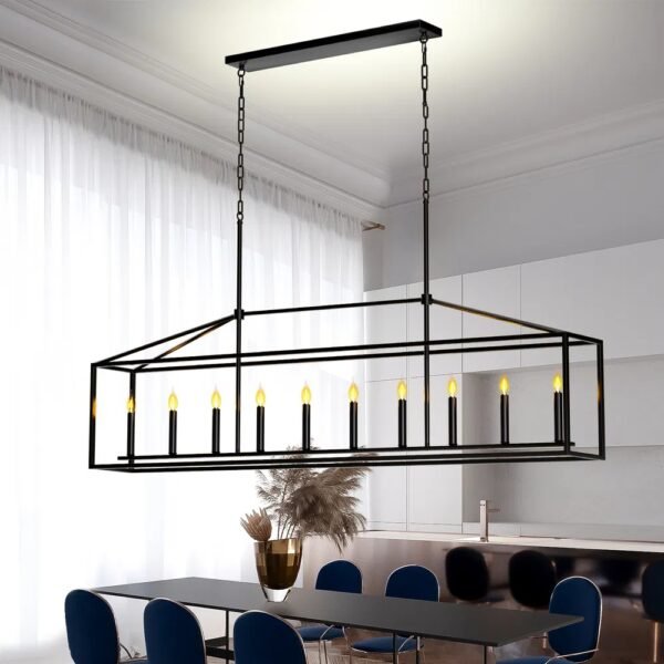 10 Lights Farmhouse Black Chandelier Rectangular Linear Pendant Lighting