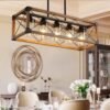 32 Inch Walnut Industrial Rectangle Pendant Light, No Bulbs