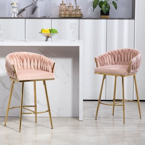 f1445913-ef52-437c-8600-e5717dd574b2.jpg 26 Counter Height Bar Stools Velvet Kitchen Island Counter Bar Stool With Hand- Wave Back,golden Chromed Base And Footrest
