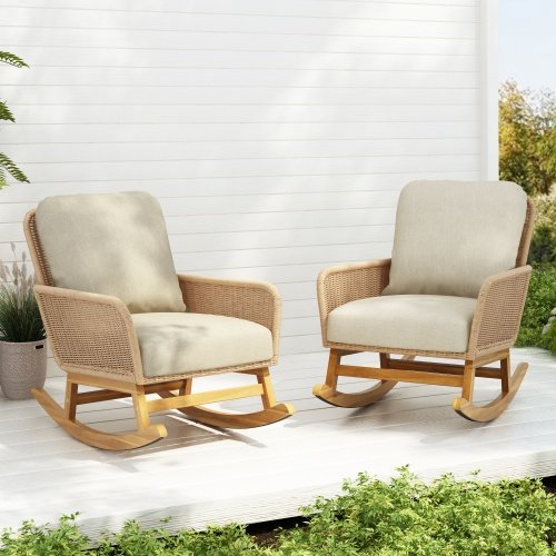 Contemporary Minimalist Ivory Wicker Rocking Chair With Soft Polyester Cushions And Durable Wooden Frame,