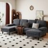 U-shaped Combination Sofa, Double Lounge Chair, Chenille Fabric 4-seat Living Room Furniture