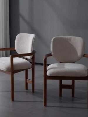 Dining Chairs Set Of 2 Upholstered Arm Chairs, Rubber Wood Accent Chairs Beige Fabric Seating, 300 LBS Weight Capacity