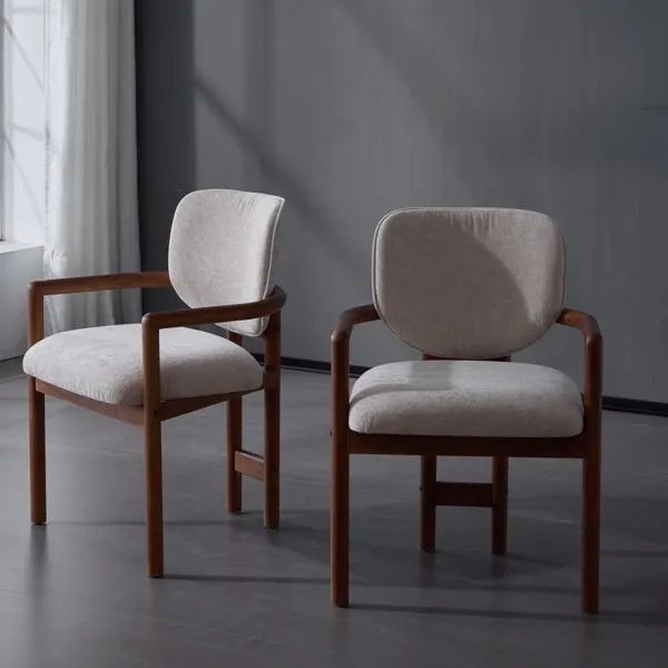Dining Chairs Set Of 2 Upholstered Arm Chairs, Rubber Wood Accent Chairs Beige Fabric Seating, 300 LBS Weight Capacity